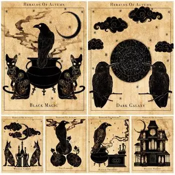 Дом-призрак и черная магия, ретро, настенная живопись, холст, картина, вороны и черная луна, волшебство, поклонение, художественный постер 21cm30cm NoFrame