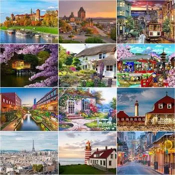 Дома Пейзаж 5D Diy Алмазная картина Вышивка крестиком Алмазная мозаика Набор для вышивания пейзажей Полный круглый дом D Full Round 20x30CM