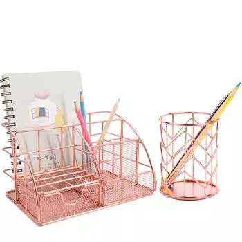 Домашнее многофункциональное настольное хранилище, стационарный настольный органайзер розового золота, держатель для ручек, сетка