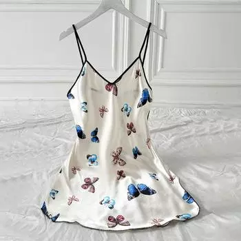 Домашнее платье Юбка на подтяжках Летняя юбка с бабочками и цветами Сексуальная ночная рубашка с открытой спиной S белый