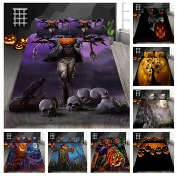 Домашнее постельное белье на Хэллоуин, односпальная кровать, двуспальная кровать, полноразмерная лампа с тыквой, наволочка с призрачным принтом и пододеяльник, 2/3 комплекта постельного белья для спальни UK Single 135x200cm