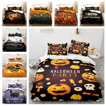 Домашнее постельное белье Односпальная двуспальная кровать Полноразмерная наволочка с принтом Хэллоуина и пододеяльник 2-3 кусочка микрофибры Удобный пододеяльник UK Single 135x200cm