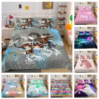 Домашнее постельное белье, односпальная кровать, двуспальная кровать, полноразмерная наволочка с 3D принтом единорога и пододеяльник, 2/3 комплекта, украшение для домашнего постельного белья для спальни UK Single 135x200cm