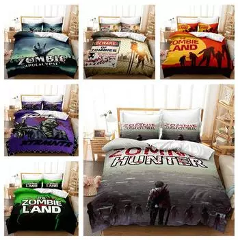 Домашнее постельное белье Тематический фильм-клип Односпальная кровать Двуспальная кровать Полноразмерная наволочка с зомби-принтом и пододеяльник 2/3 комплекта постельного белья для спальни для взрослых UK Single 135x200cm