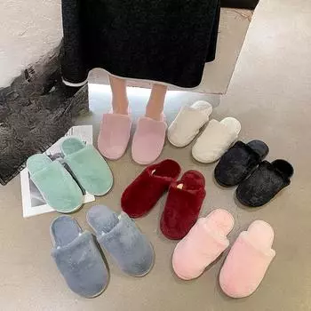 Домашние осенне-зимние женские пушистые тапочки, нескользящие повседневные домашние тапочки с круглым носком, однотонные женские шлепанцы, теплая обувь 36 чёрный
