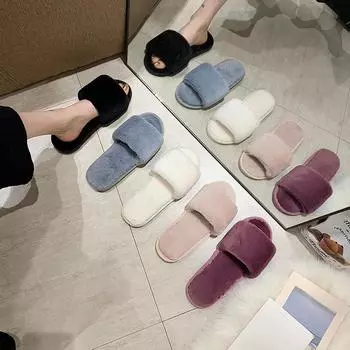 Домашние осенне-зимние женские пушистые тапочки нескользящие повседневные домашние туфли на плоской подошве женские шлепанцы однотонные теплые туфли 36 чёрный