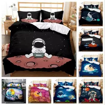 Домашние постельные принадлежности Односпальная двуспальная кровать Полноразмерные постельные принадлежности серии Space Series Наволочка и пододеяльник с принтом космонавта Украшение дома Пододеяльник в натуральную величину UK Single 135x200cm