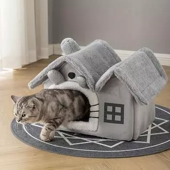 Домашние собаки и кошки Теплый домашний кошачий туалет Уютный флисовый наполнитель для домика Собачья будка S серый