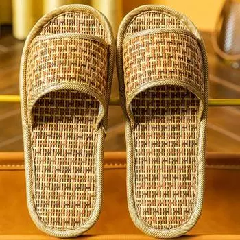 Домашние тапочки мужские летние ротанговые травяные плетеные женские домашние льняные нескользящие не вонючие ноги летние четыре сезона 36-37 чёрный