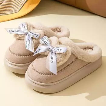 Домашние тапочки с бантом для женщин, толстая подошва, нескользящая хлопковая домашняя обувь, женские теплые тапочки с толстой плюшевой подкладкой для зимы 36-37 хаки