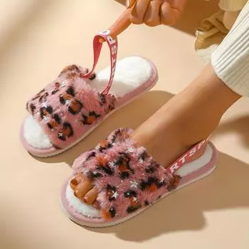 Домашние тапочки с леопардовым принтом, пушистые тапочки с открытым носком и эластичной резинкой, уютные и теплые домашние тапочки 36-37 розовый