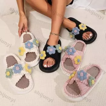 Домашние тапочки в стиле ретро с вельветовыми полосками, милые цветочные женские осенние теплые плюшевые шлепанцы для дома, женские тапочки с мягкой подошвой из хлопка 36-37 чёрный