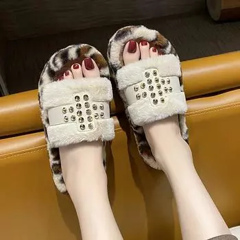 Домашние тапочки женские большого размера мюли на платформе флок меховые шлепанцы мокасины сланцы массажные высокие плоские плюшевые туфли из ПУ резины 35 чёрный