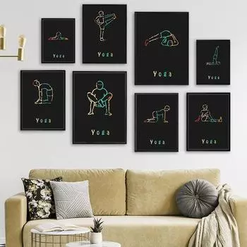 Домашние упражнения в тренажерном зале, диаграмма йоги, абстрактные линии, поза тела, плакаты о здоровье, настенная живопись на холсте, печать на йоге, декор для спальни, офиса 21cm30cm NoFrame