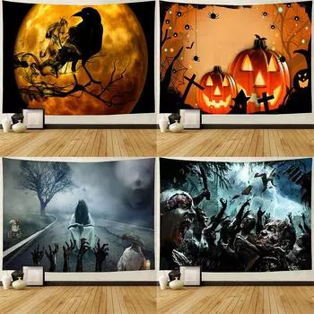 Домашний декор Хэллоуин Джек-О-Фонарь настенный Гобелен с принтом в стиле бохо Злой волшебный замок Жуткий страшный дьявол с принтом 100x75cm