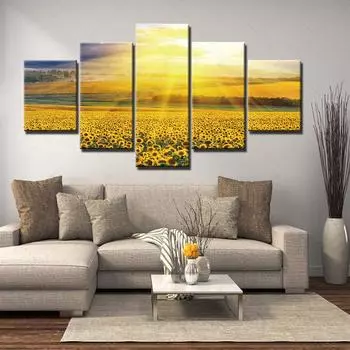 Домашний декор, холст, картина с золотым солнцем, цветущий подсолнух, настенные художественные принты, модульный постер для 5 панелей, гостиная в рамке 20x35cm*2 20x45cm*2 20x55cm*1