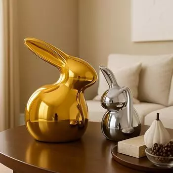 Домашний декор, керамические милые фигурки кроликов из золота и серебра (Набор из 2 шт., золотой и серебряный) золотистый/серебряный