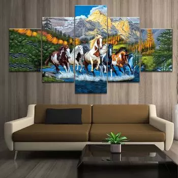 Домашний декор с принтом, современный холст для гостиной, HD-изображения, 5 панелей, холст, лошадь, бегущий пейзаж, модульная картина, настенный пост без рамки 20x35cm*2 20x45cm*2 20x55cm*1