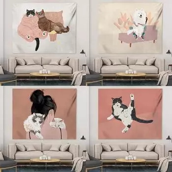 Домашний гобелен с изображением кота из мультфильма, украшение для офиса, гостиной, настенный гобелен для дома 100x75cm