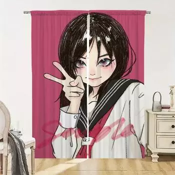 Домашний интерьер Кухня Шторы для гостиной 2 шт. Плотные шторы Дверная занавеска Аниме Девушка Раздел Спальня Украшение W50xH70cmx2pcs-CL