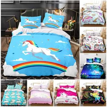 Домашний комплект постельного белья с принтом единорога, пододеяльник, наволочка, комплект постельного белья для спальни, полный размер, односпальная/двуспальная кровать, украшение дома Baby 100x135cm