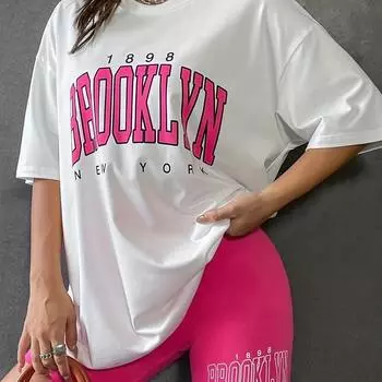 Домашний комплект с буквенным принтом, повседневный топ с круглым вырезом с короткими рукавами и приятные для кожи шорты, женская одежда для дома и одежда для сна M чёрный