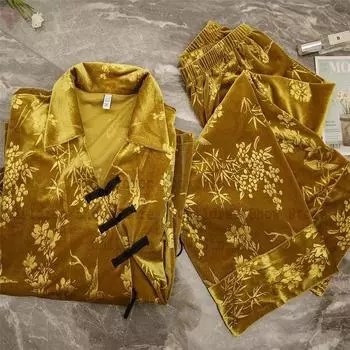 Домашний костюм с длинным рукавом из 2 предметов, жаккардовая велюровая домашняя одежда, винтажная одежда в китайском стиле, женская теплая зимняя пижама, женские пижамные комплекты M