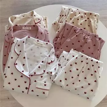 Домашний костюм с принтом в виде сердца, свободная хлопковая повседневная пижама, комплект брюк, домашняя одежда в стиле Харадзюку, однобортный топ Kawaii XS