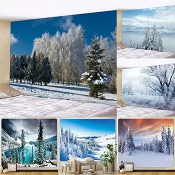 Домашний Новый год, снег, Рождественская елка, принт, гобелен, психоделическая сцена, богемный домашний декор, фон 100x75cm