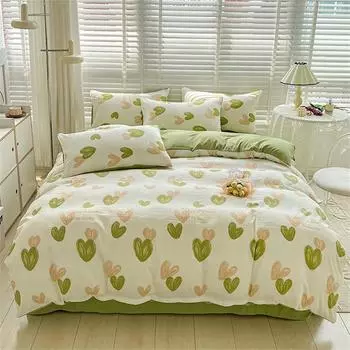 Домашний текстиль, комплект постельного белья из четырех предметов из стираного хлопка, элегантный пододеяльник, простыня для женщин и детей, простая наволочка Flat Bed Sheet&Twin150x200 4pcs розовый