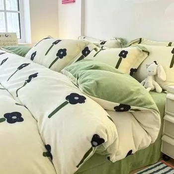 Домашний текстиль Зимний плюшевый теплый пододеяльник с простыней и наволочкой Комплект постельного белья для двоих из 4 пододеяльников Комплект постельного белья для двоих Flat Bed Sheet&200x230cm-4pc set