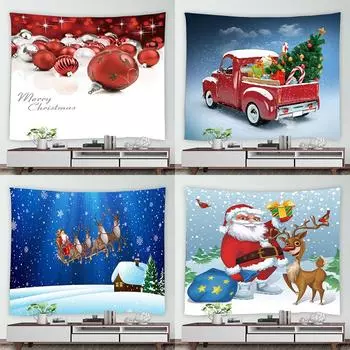 Домашний зимний лесной пейзаж Рождественский гобелен Кедр Санта-Лось Новогодний настенный синий гобелен 100x75cm