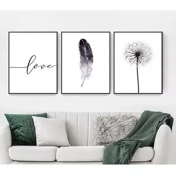 Домашняя картина, украшение на стену, черно-белые перья одуванчика и принт, буква «любовь», настенная живопись на холсте 21cm30cm NoFrame