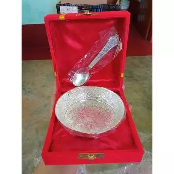 Домашняя кухня Металлическая миска для десерта с цветочным узором - 0,1 литра, 1 шт. Миска, 1 шт. Ложка (Серебряный) серебряный