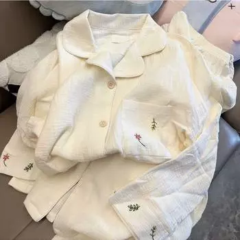 Домашняя одежда Одежда Корейская версия Пижамы Женская одежда для сна Хлопковая пряжа Кардиган с длинными рукавами Костюм M