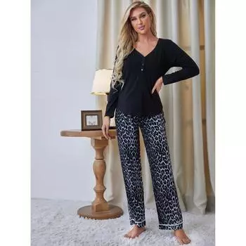 Домашняя одежда, осенне-зимний костюм с v-образным вырезом и длинными рукавами, брюки с леопардовым принтом, пижамы, спальные костюмы для женщин S серебряный