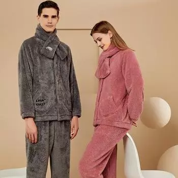 Домашняя одежда пижамный комплект зимняя пара фланелевая длинная пижама на пуговицах пижама с карманами мягкая теплая пижама M