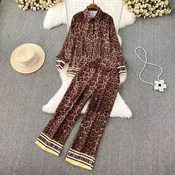 Домашняя одежда Пижамы Модный костюм Леди с лацканами Свободные длинные рукава с леопардовым принтом + прямые брюки с высокой талией Широкие брюки из двух частей