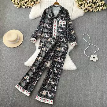 Домашняя одежда Пижамы Модный костюм Свободная однобортная рубашка с принтом с длинными рукавами плюс прямые широкие брюки с высокой талией из двух частей