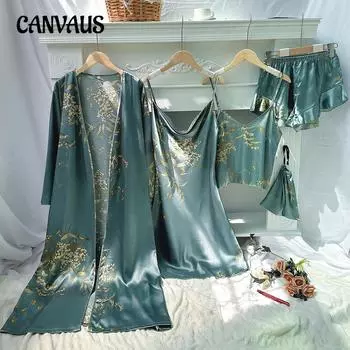 Домашняя одежда Простая пижама с принтом вишни из пяти предметов, женский тонкий халат, шорты с лямкой на шее, юбка с лямкой, костюм S серый