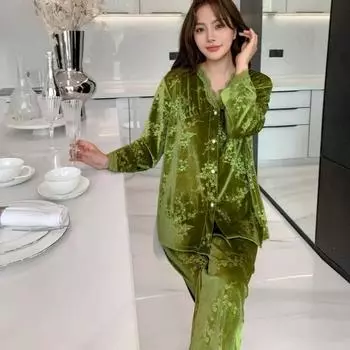 Домашняя одежда с длинными рукавами, высококачественная трехмерная французская V-образная горловина, осенне-зимняя женская пижама M зелёный