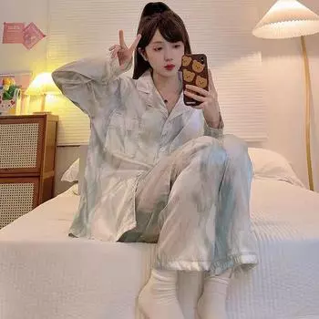 Домашняя одежда с китайским рисунком тушью, летняя пижама из ледяного шелка с длинными рукавами 2XL синий