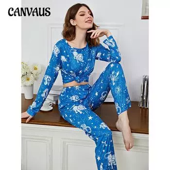 Домашняя одежда с принтом «Ботанические созвездия» на весну и осень, женские длинные брюки с длинными рукавами, пижамный костюм S