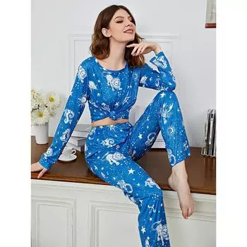Домашняя одежда с принтом «Ботанические созвездия» на весну и осень, женские длинные брюки с длинными рукавами, пижамный костюм S