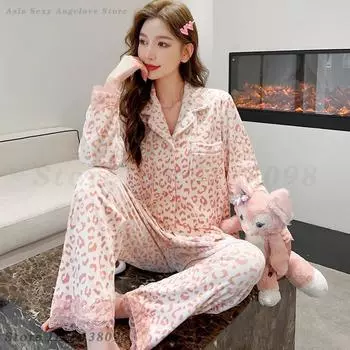 Домашняя одежда с розовым леопардовым принтом, сексуальная кружевная пижама с длинными рукавами, осенне-зимняя бархатная пижама, свободная повседневная пижама M розовый