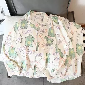 Домашняя одежда с зеленым динозавром, мультяшный кавайный милый женский повседневный осенний новый повседневный топ с длинным рукавом, длинные брюки, комплект из 2 предметов пижамы M