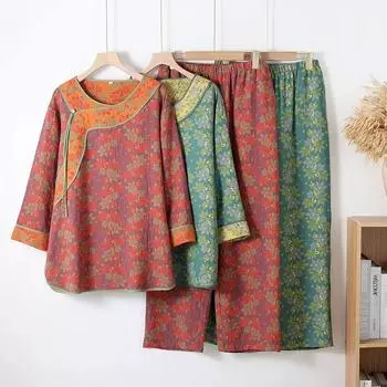 Домашняя одежда в китайском стиле, хлопковая двойная марлевая осенняя пижама для женщин, длинные рукава, брюки, круглый вырез, пижамы, комплект из 2 предметов M коричневый