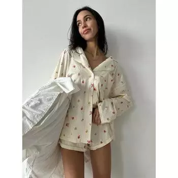 Домашняя одежда Женская сексуальная пижама с отложным воротником, ночные рубашки с длинным рукавом, шорты, повседневная пижама с принтом для женщин, костюм S жёлтый