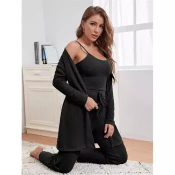 Домашняя одежда женская трикотажная майка топ длинные брюки халат пижама комплект из 3 предметов L чёрный