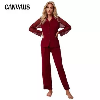 Домашняя одежда, женские спальные костюмы, однотонные кружевные сетчатые длинные брюки с длинными рукавами, пижамный комплект S красный